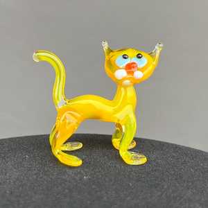 Handgeblasene Glas-Katzenfigur Gelbe Bernsteinfarbene Lampwork-Tierskulptur Dekoration - Product Image 3