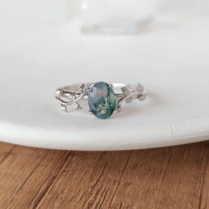 Oval <b>Moss</b> <b>Agate</b> 925 Sterling Silver Prong Set Leaf Vine Nature Inspired Engagement Wedding Band Party <b>Rings</b> for Women - Product Image 5