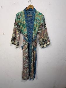 Bata de dormir de verano para mujer, larga, con estampado patchwork, transpirable, suave, cuello en V, manga tres cuartos, de tela no tejida, 100% seda - Product Image 2