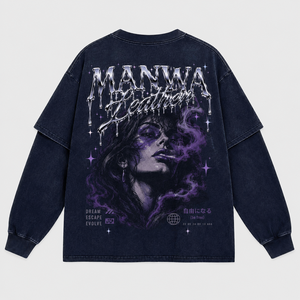 เสื้อยืดแขนยาวทรงโอเวอร์ไซส์ผ้ายีนส์สำหรับผู้ชาย MANWA พร้อมลายพิมพ์ฟอยล์ สไตล์สตรีท คอกลม โลโก้ด้านหลัง ราคาถูก รับผลิตแบบ OEM - Product Image 4