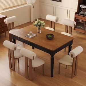 Modern Solid Wood Minimalist Rectangle Dining <b>Table</b> with Black Carved <b>Legs</b> and 6 Chairs for Family Dinner Hotel Apartment - Product Image 3
