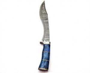 Cuchillo de Camping de Hoja Fija de Acero de Damasco, Espiga Recta, 28cm, Mango Pulido de Hueso de Camello Azul Rey, DIY OEM - Product Image 1