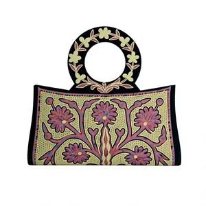Kashmiri Sozni Embroidery <b>Clutch</b> <b>Bag</b> <b>Black</b> <b>Suede</b> with Gold and Ivory Tilla Work Ring Handle - Product Image 5