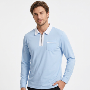 Men's Light <b>Blue</b> Long Sleeve Knitted <b>Polo</b> <b>Shirt</b> With Chest Pocket Casual Style Breathable Solid Color Regular Fit Bangladesh - Product Image 3