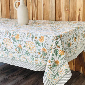 Floral Block Print <b>Tablecloth</b>, Green and Orange Pattern, Striped Border - Product Image 1