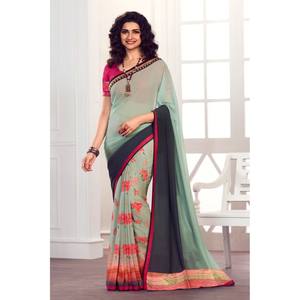 TENDENCIA GEORGETTE IMPRESO ENCAJE WIORK SAREE CON BLUSA DESCOSTADA VERDE MAR - Product Image 1