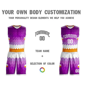 Custom Basketball Uniforms Sublimated Purple <b>White</b> Geometric Pattern V-Neck Sleeveless Jersey And Shorts Unisex Athletic Wear - Product Image 2