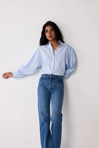 Camisa Oversize a Rayas Azules para Mujer |   Blusa Casual de Lino y Algodón con Botones y Mangas Largas |   Fabricante OEM ODM - Product Image 3