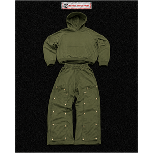 Ensemble de survêtement oversize Olive pour homme, streetwear, sweat-shirt à capuche et pantalon large à boutons-pression, vêtements de sport personnalisés en gros - Product Image 5