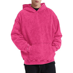 เสื้อฮู้ดดี้โอเวอร์ไซส์สีชมพูสดใสสำหรับผู้ชาย สไตล์ลำลอง ผ้าวอชด์ มีกระเป๋า - Product Image 5