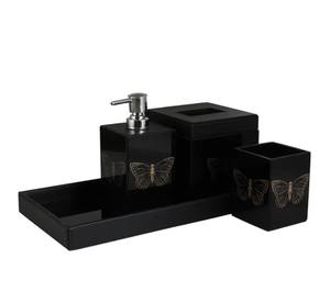 Juego de Accesorios de Baño de Cuero Ecológico Negro con Estampado de Mariposas, Resistente al Agua, de Lujo, de Cuatro Piezas, Resistente a los Arañazos - Product Image 4