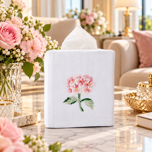 Caja de pañuelos de tela blanca con hortensias rosas bordadas, cubierta de lujo cuadrada para pañuelos, adorno para decoración del hogar y regalo - Product Image 4