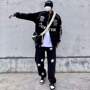 Blouson de baseball tendance noir brodé à col montant et boutons corne, style motard streetwear - Product Image 3