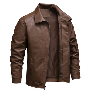 <b>Men's</b> Brown PU <b>Leather</b> <b>Jacket</b> Casual Zipper Closure Turn-down Collar Regular Fit Autumn Wear - Product Image 3