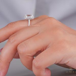 2.41CT Luxury Emerald Cut Lab Grown Diamond Engagement <b>Ring</b> with Diamond Halo <b>Plain</b> Gold Band Wedding <b>Ring</b> for Women - Product Image 4