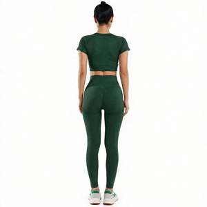 <b>STAR</b> SPEEDWomen's Green Ribbed Yoga Set High Waist Full Length Leggings Short Sleeve Crop <b>Top</b> Seamless Four-Way Stretch - Product Image 6