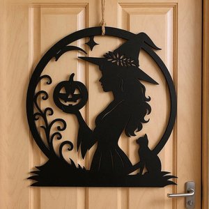 Halloween Witch With Pumpkin And Cat wooden Wall Art <b>Decorative</b> Hanging Circular Ornamental Single-piece Package - Product Image 1