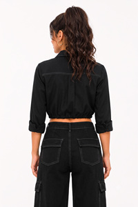 Button <b>Down</b> Crop Top Long Sleeve women's shirt Turn-<b>down</b> Collar Solid Color Casual Everyday Wear Cotton Fabric Customized Logo - Product Image 2