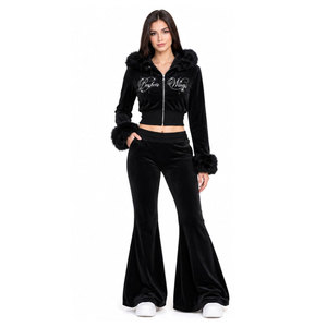 Perfecta Wings Black Velvet 2 Piece Set Crop <b>Hoodie</b> With Fur Trim Flared Pants Embroidery Logo Women's Fashion Outfit - Product Image 4
