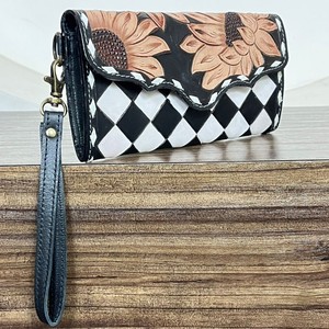 Portefeuille long à poignet en cuir à carreaux pour femmes, avec blocage RFID, nouveau, fait à la main, motif floral, porte-cartes multiples, pochette pour cadeau - Product Image 4