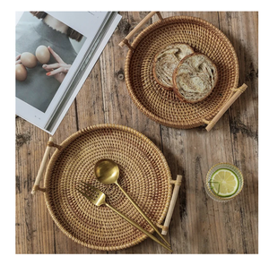 Rattan Woven Serving Storage <b>Tray</b> With Handles For Coffee Snacks Breakfast Cane Farmhouse Serving <b>Tray</b> For Kitchenware Tableware - Product Image 4