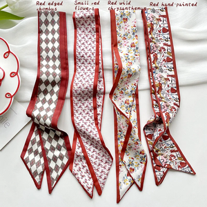 <b>Red</b> Series Flowers Bag Handbag Handle Ribbon <b>Scarf</b> Hair Head Band Neck <b>Scarf</b> Neckerchief <b>Scarf</b> Handle Wrap Silk Ribbon for Women - Product Image 2