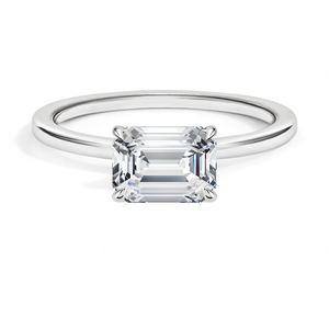 Bague de fiançailles solitaire en moissanite taille émeraude en or rose, sertissage minimaliste - Product Image 3