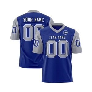 เสื้อฟุตบอลอเมริกันแบบกำหนดเองสำหรับผู้ชาย คอวี แขนสั้น พิมพ์ลายแบบซับลิเมชั่น ระบายเหงื่อได้ดี ชื่อทีม 00 สีน้ำเงินเทา - Product Image 1
