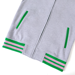 Chaqueta universitaria de lana gris alfa con letras bordadas en chenilla personalizadas, cremallera completa, cortavientos, para hermandades, universidades y actividades al aire libre, con cintas. - Product Image 6