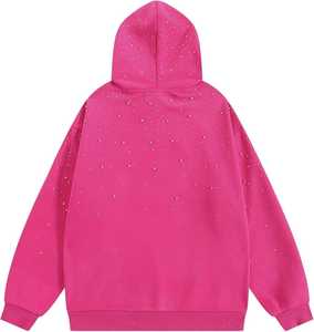 เสื้อฮู้ดผู้ชายสีชมพูประดับเพชรเทียม ทรงโอเวอร์ไซส์ ซิปหน้า ผ้าคอตตอนเทอร์รี่ 100% สไตล์สตรีทแวร์ - Product Image 6