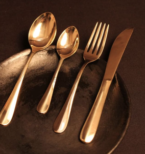 Ensemble de couverts élégants dorés, finition miroir, compatibles lave-vaisselle, pour mariage, cuillère, fourchette, couteau - Product Image 1