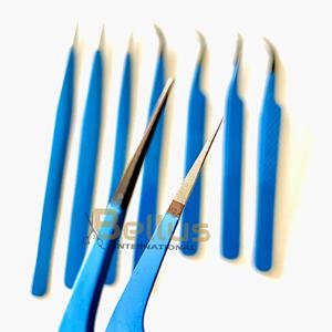 Empuñadura de Diamante Azul Dorado con Logotipo Personalizado 45 °   Pinzas para Extensión de Pestañas con Punta de Fibra, Acero Inoxidable - Product Image 1