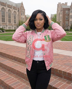 Chaqueta bomber universitaria de satén rosa y verde de la hermandad AKA, con bordado de letras griegas, cortavientos, para mujer, estilo crop, para universidades y HBCU. - Product Image 4