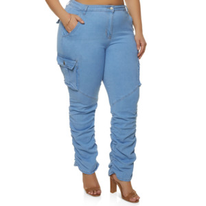 Jeans Cargo Azul Claro de Cintura Alta para Mujer Talla Grande, con Bolsillos, Cierre de Botones, Estilo Casual, Corte Regular, para Primavera - Product Image 5