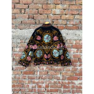 Indian Floral Embroidered Quilted Velvet Jacket with Two Side Pockets Unisex Quick Dry Hand <b>Stitch</b> Suzani Design - Product Image 6