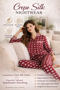 Women Crepe Silk Pajama Set Elephant Print Long Sleeve Nightwear V Neck Shirt Long Pants Casual Lounge Wear Set - Product Image 2