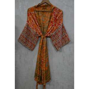 Long Silk Patchwork <b>Kimono</b> Robe Boho Bridal Dressing Gown Handmade Printed Plus Size Breathable Autumn - Product Image 2