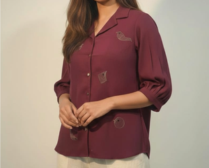 High Quality <b>Bird</b> Zari Embroidered <b>Shirt</b> with 3/4 Sleeve Women Maroon <b>Shirt</b> Comfortable & Lightweight Smart Fit <b>Shirt</b> Daily Wear - Product Image 5