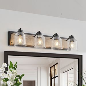 32\" Farmhouse 4-Light Bathroom Vanity Fixture Clear Seeded Glass Shades with Black Wood Grain Finish <b>Wall</b> <b>Sconce</b> Design - Product Image 4