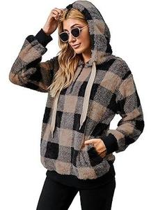 <b>Womens</b> <b>Sherpa</b> Plaid Flannel Pattern <b>Hoodie</b> Sweatshirt Long Sleeve Fashion Pullover Furry Fluffy Fur Fleece Outwear Winter Hooded - Product Image 5