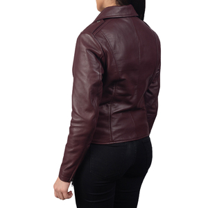 Chaqueta de Motocicleta para Mujer, Color Borgoña, Cuero Genuino, Impermeable, con Detalles de Botones, Corte Entallado, Cierre Cruzado, Estilo de Diseñador, Producción OEM al por Mayor - Product Image 5