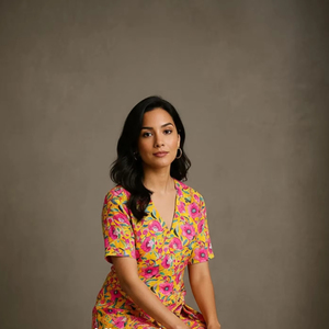 Vestido Maxi Casual con Estampado Floral Elegante en Amarillo Vibrante, Cuello en V, 100% Algodón, con Cintura Ajustable y Mangas Cortas - Product Image 1