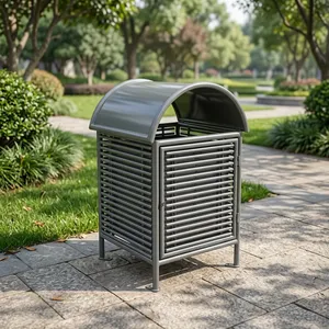 Poubelle extérieure en métal robuste avec couvercle anti-pluie et panneaux latéraux à lattes pour parc, jardin, centre commercial, rue, bureau et espaces publics - Product Image 4