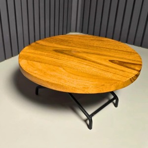 Handmade Wooden <b>Cake</b> <b>Stand</b> Circle Shape Black Metal Base Natural Wood Finish - Product Image 1