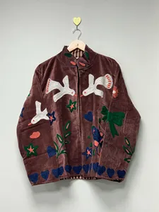 Handmade Brown <b>Velvet</b> Suzani Embroidered <b>Jacket</b> With Floral & Bird Pattern Full Sleeve Stand Collar Bohemian <b>Women's</b> Winter Coat - Product Image 1