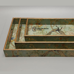 ชุดถาดเสิร์ฟลายเรขาคณิตสีเขียว 3 ชิ้น ทำจาก MDF และกระดาษ ถาดซ้อนกันได้ สำหรับตกแต่งบ้านสไตล์โมเดิร์นและใช้เสิร์ฟ - Product Image 2