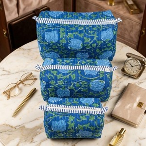 Blue Floral Embroidered Cotton Cosmetic Bag Set With Zipper Closure Portable <b>Makeup</b> Organizer Elegant Style Toiletry bag - Product Image 2
