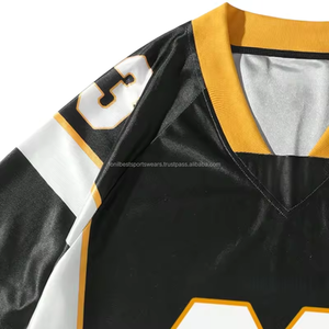 Camiseta de Fútbol Americano Personalizada con Cuello en V, Manga Corta, Bloques de Color, Número de Equipo, 100% Poliéster, Elástica en Cuatro Direcciones, Transpirable, Negra - Product Image 4