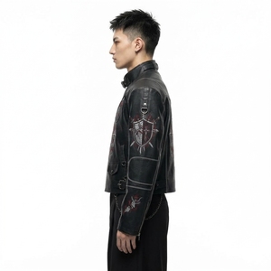 Chaqueta de Motociclista de Cuero con Cuello Alto, Diseño de Escudo Bordado, Detalle de Cadena, Estilo Motero, para Hombre, Otoño - Product Image 4