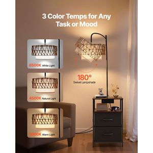Tavolino Moderno a 2 Livelli con 2 Cassetti, Lampada da Terra con Lampadina LED a 3 Temperature di Colore, Paralume Dorato, Comodino, Scrivania, Base Tipo E10 - Product Image 3